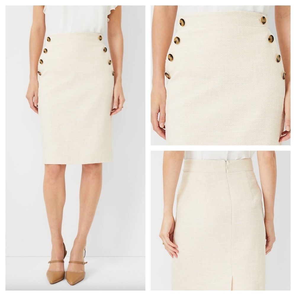 Ann Taylor 00P Sailor Button Pencil Skirt Beige & White (Pearl Shadow)‎